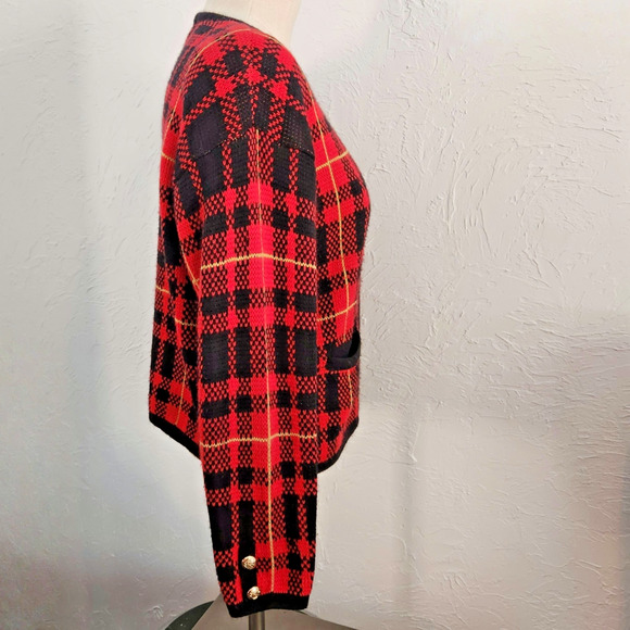 Karen Scott Petites Plaid Wool Blend Cardigan PL Red Black Gold Buttons - Picture 3 of 14